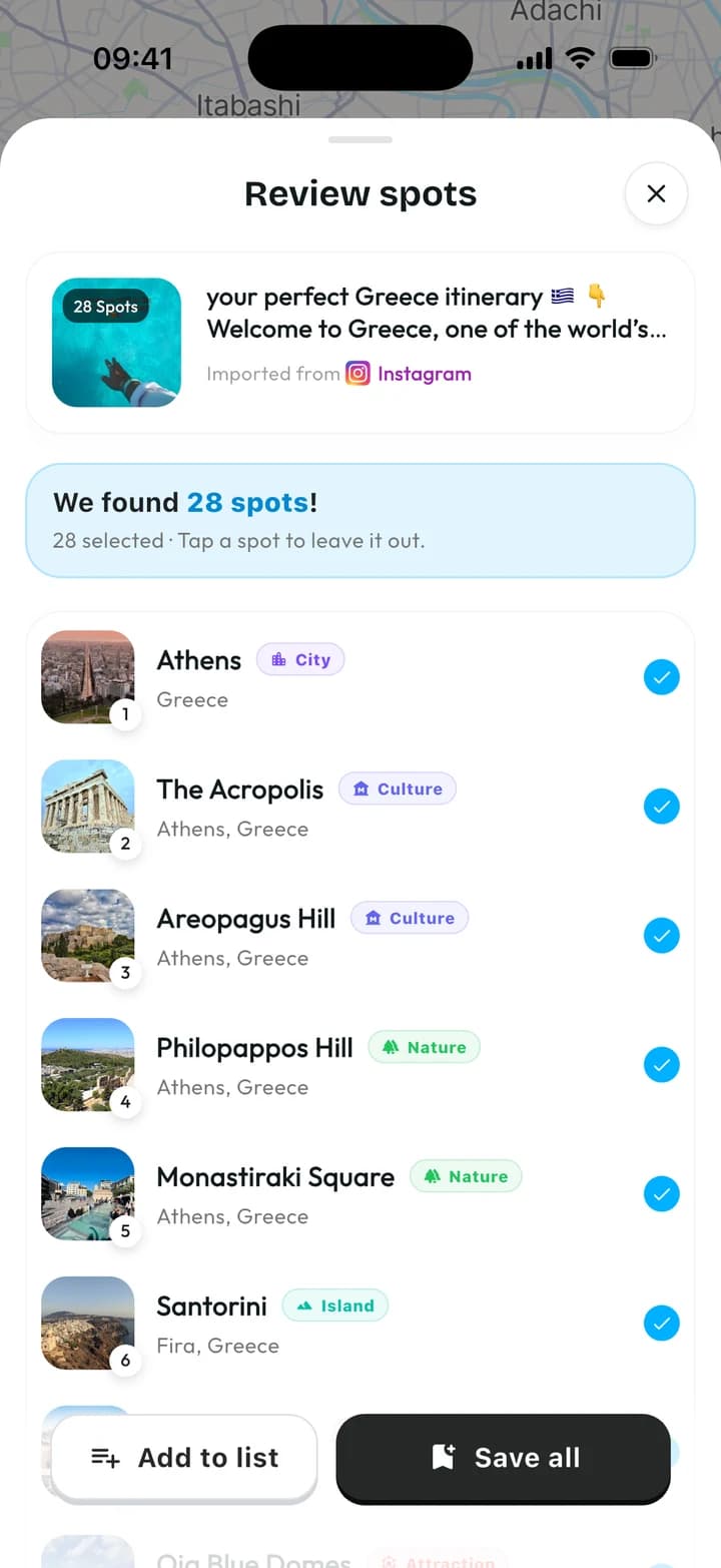 Capture réelle d’Ottra : 28 lieux extraits d’une publication Instagram sur la Grèce, dont Athènes et l’Acropole